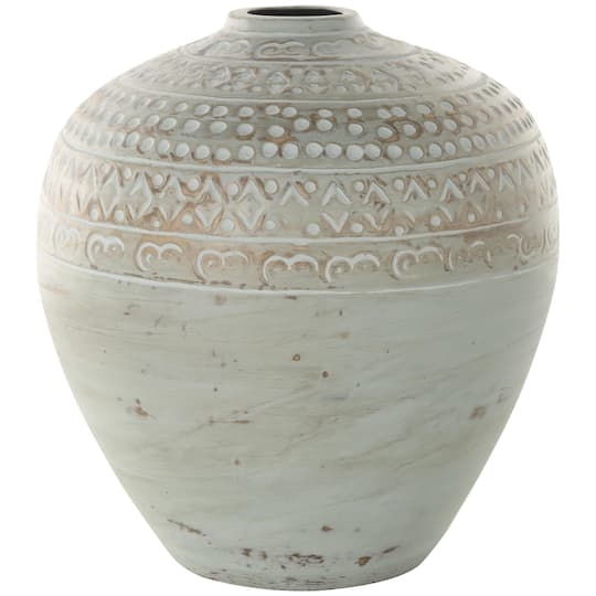 11.75" Green Antique-Style Wide Rounded Ceramic Vase with Geometric Carvings